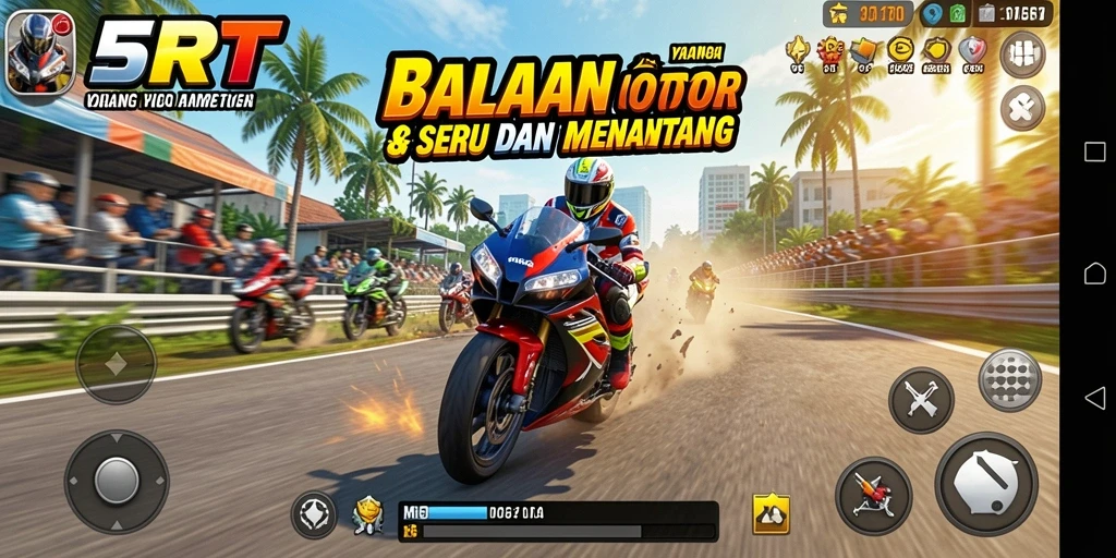Screenshot gameplay <strong>5RT</strong> yang menunjukkan aksi balapan motor yang mendebarkan.