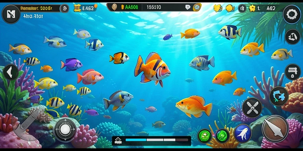 Tampilkan gameplay menembak ikan di lautan yang penuh warna.