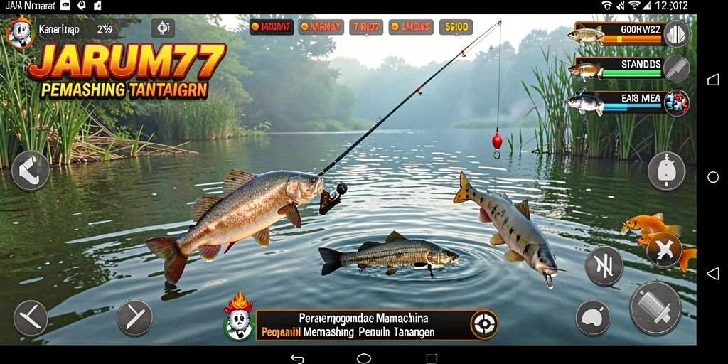 Screenshot menunjukkan gameplay menarik dalam JARUM77 saat memancing.