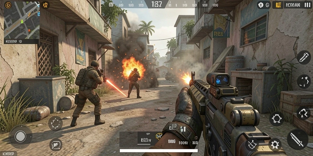 Screenshot gameplay KKRP dengan aksi tembak-menembak di medan perang.