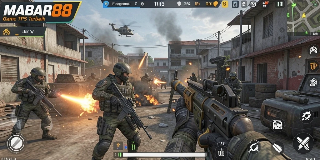 Screenshot gameplay MABAR88 menampilkan aksi seru di medan perang TPS.