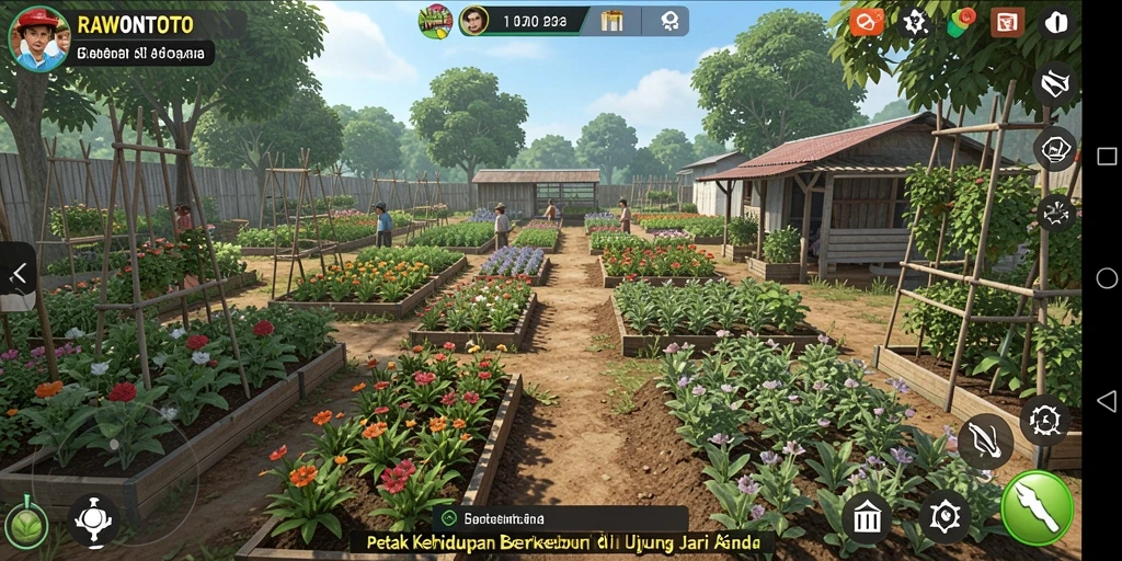 Screenshot gameplay RAWONTOTO dengan hamparan kebun yang subur.